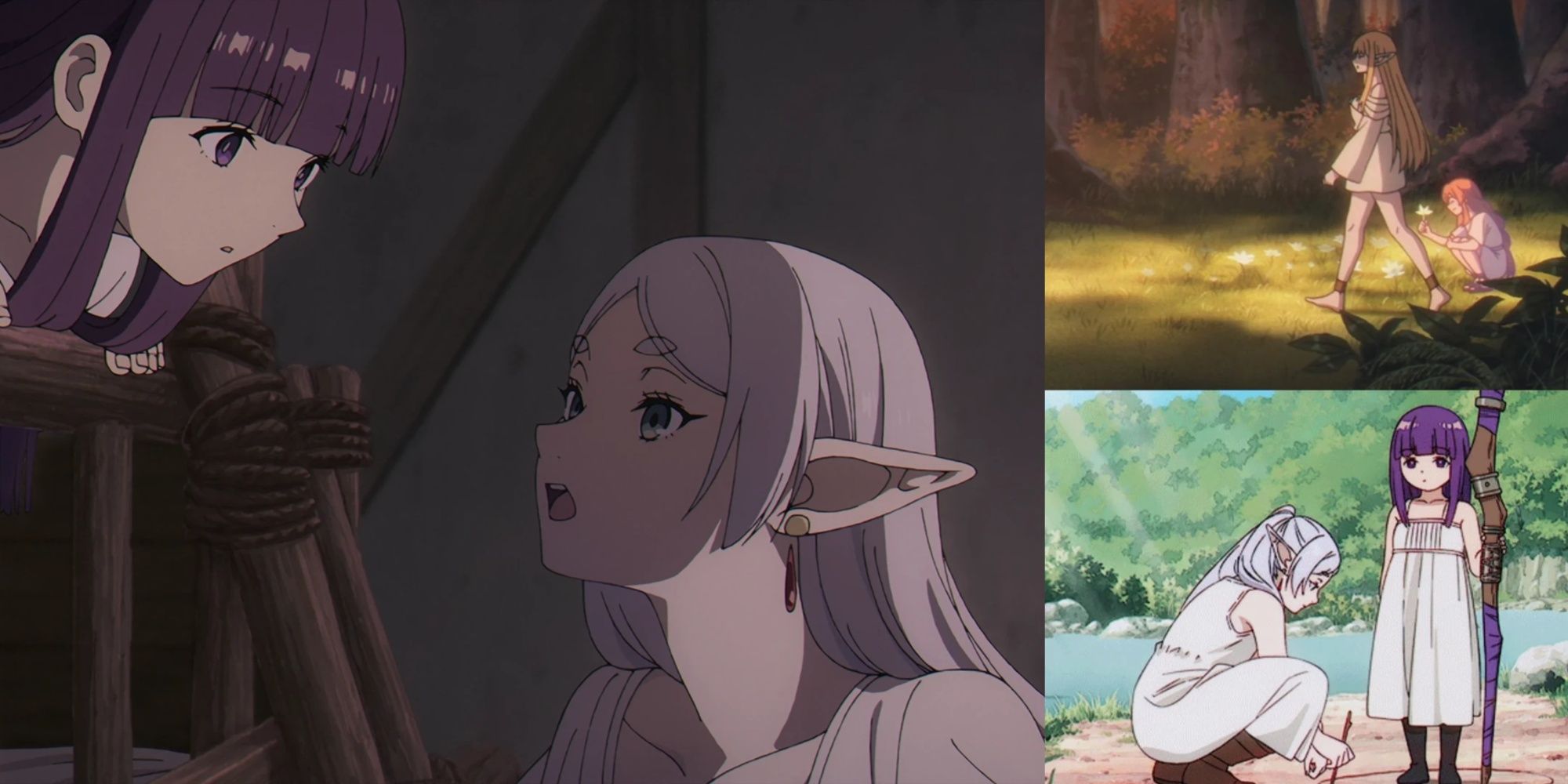 A collage of images from Frieren depicting Frieren interacting with her friends