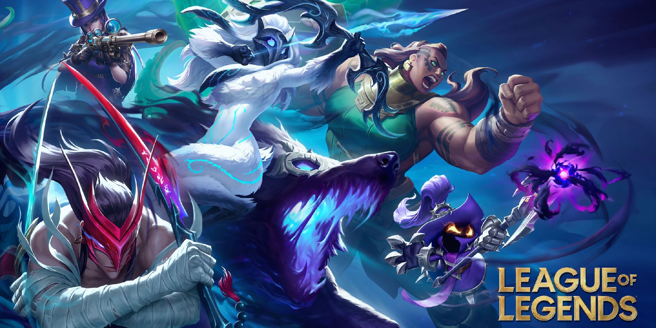 A promotional visual for League of Legends showing several Champions.