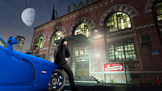 GTA 6 Moon theory: a low camera shot of a man leaning against a blue sports car, with the moon in the top left