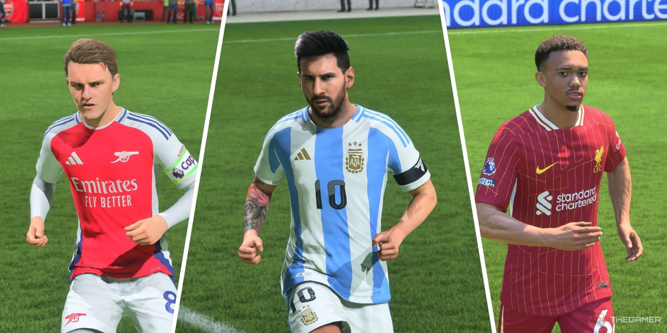 A split image of Martin Odegaard, Lionel Messi, and Trent Alexander-Arnold in EA Sports FC 25.