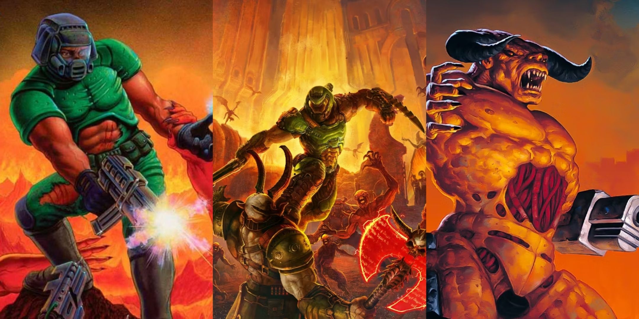 The box art to Doom 1993, Doom Eternal, and Doom 2