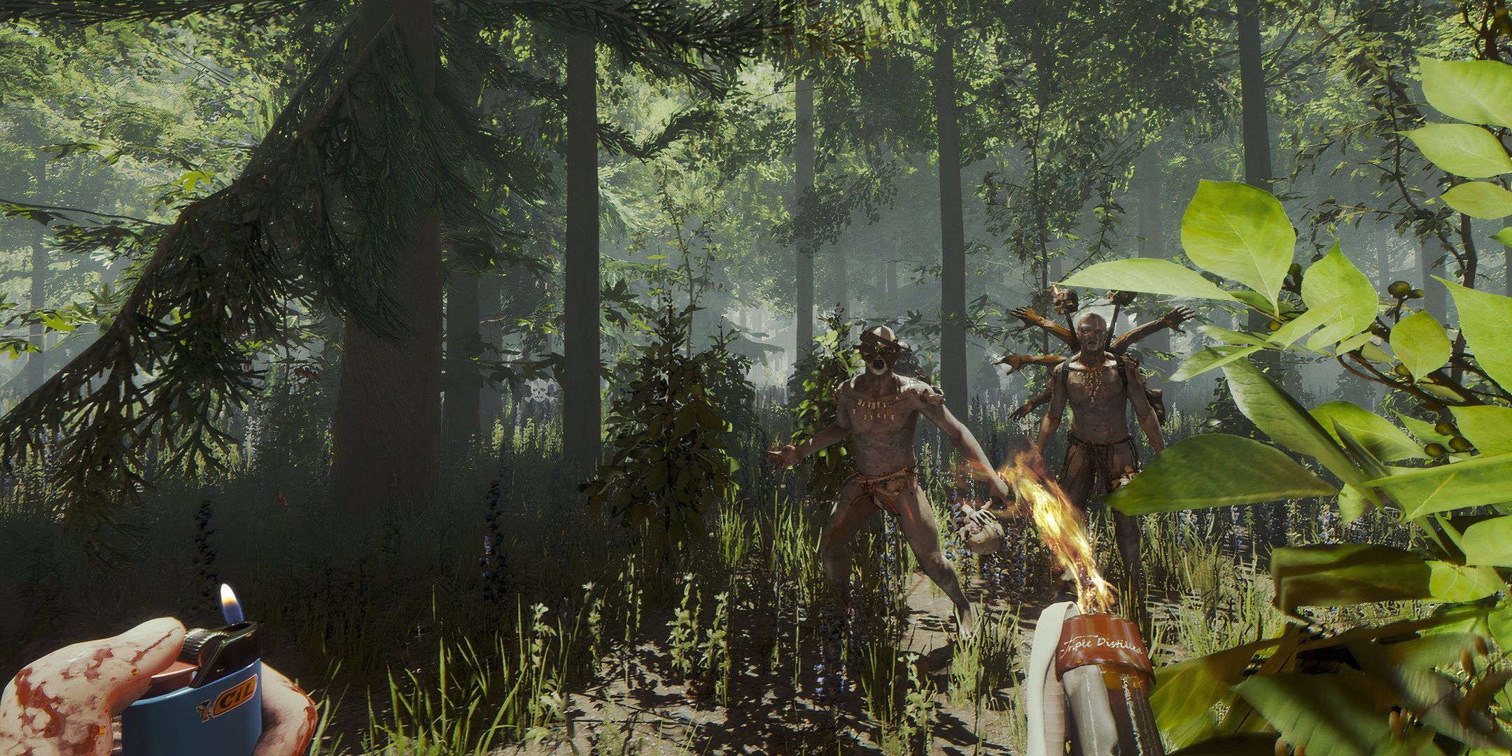 The player takes on two cannibal mutants with a lighter and explosives in The Forest.