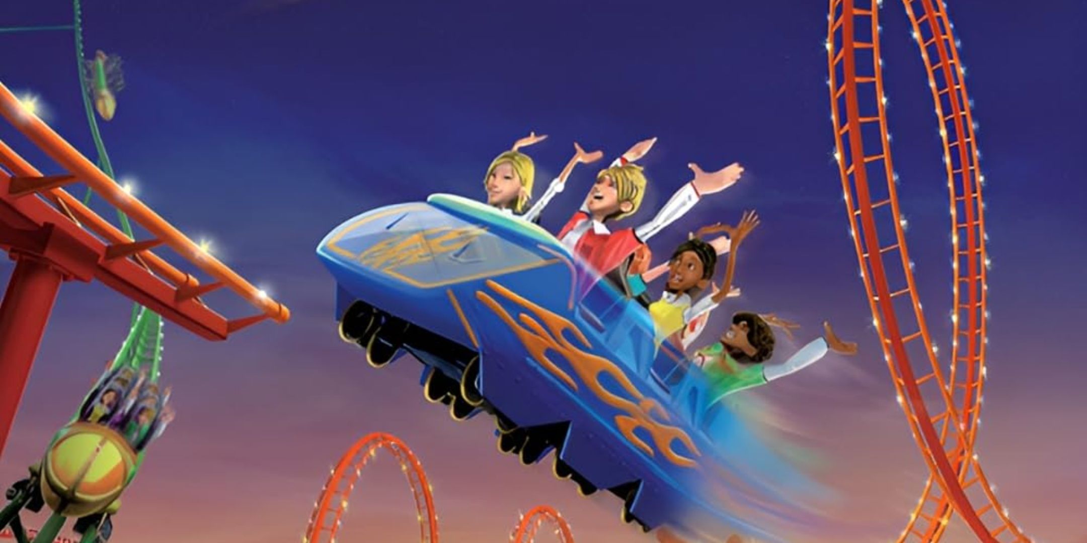 Characters having fun on a ride in Thrillville Off The Rails.