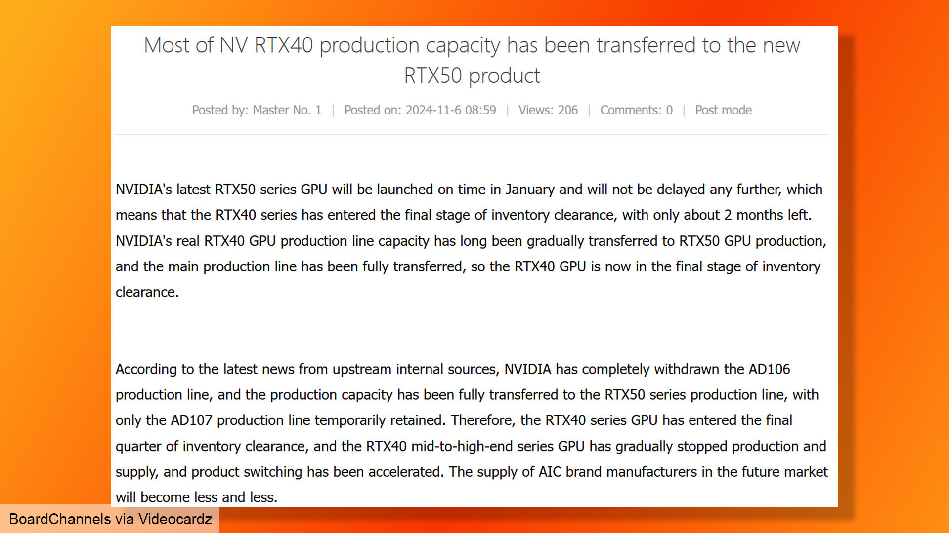 Nvidia AD106 GPU production rumored to have stopped, BoardChannels screenshot by Videocardz.