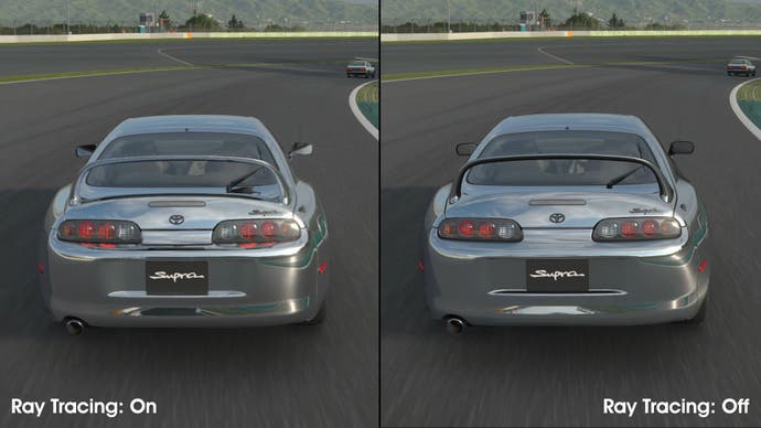 PS5 Pro RT on vs RT off in Gran Turismo 7 (screenshot). The car shows self-reflections.