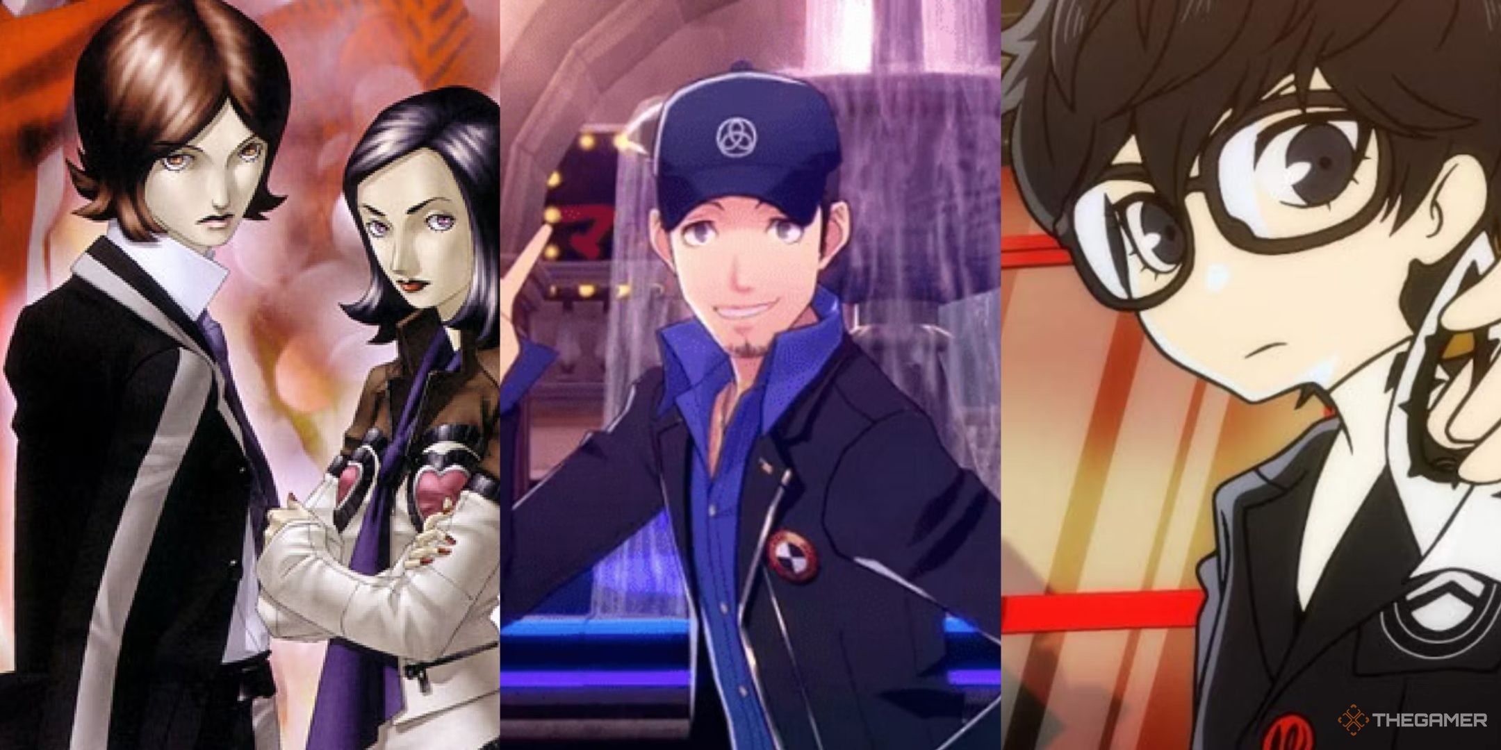 The protagonists of Persona 2 stood together, Junpei in persona 3 dancing, and joker in persona 5 tactica.