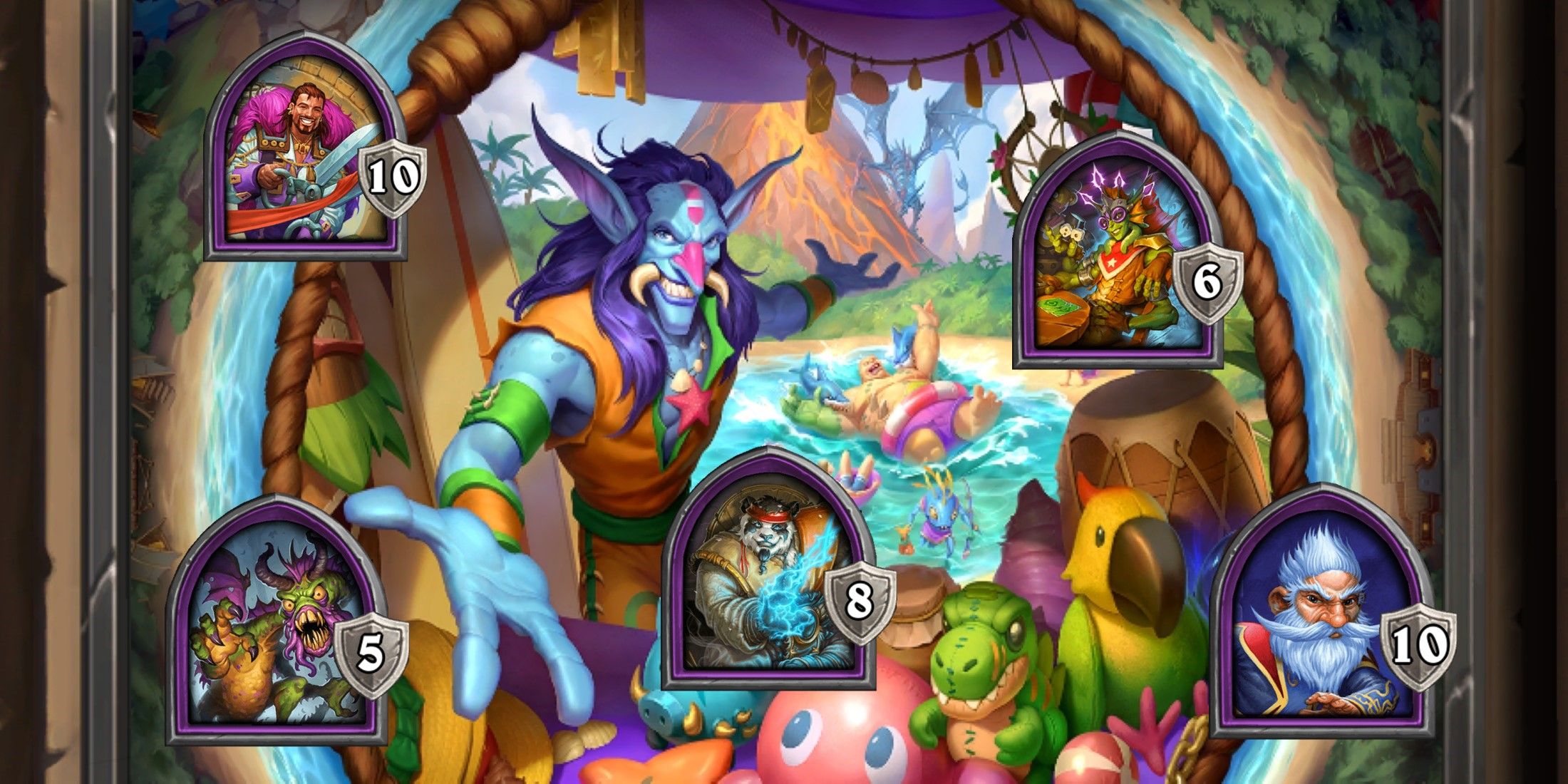 Hearthstone Battlegrounds Heroes, Marin the Manager, Shudderwock, Master Nyugen, Snake Eyes and Millhouse Manastorm in front of a paradise themed background