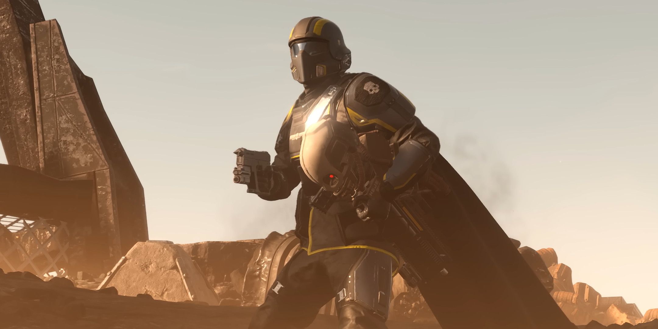 Helldivers 2 screenshot of soldier on a dusty orange planet.