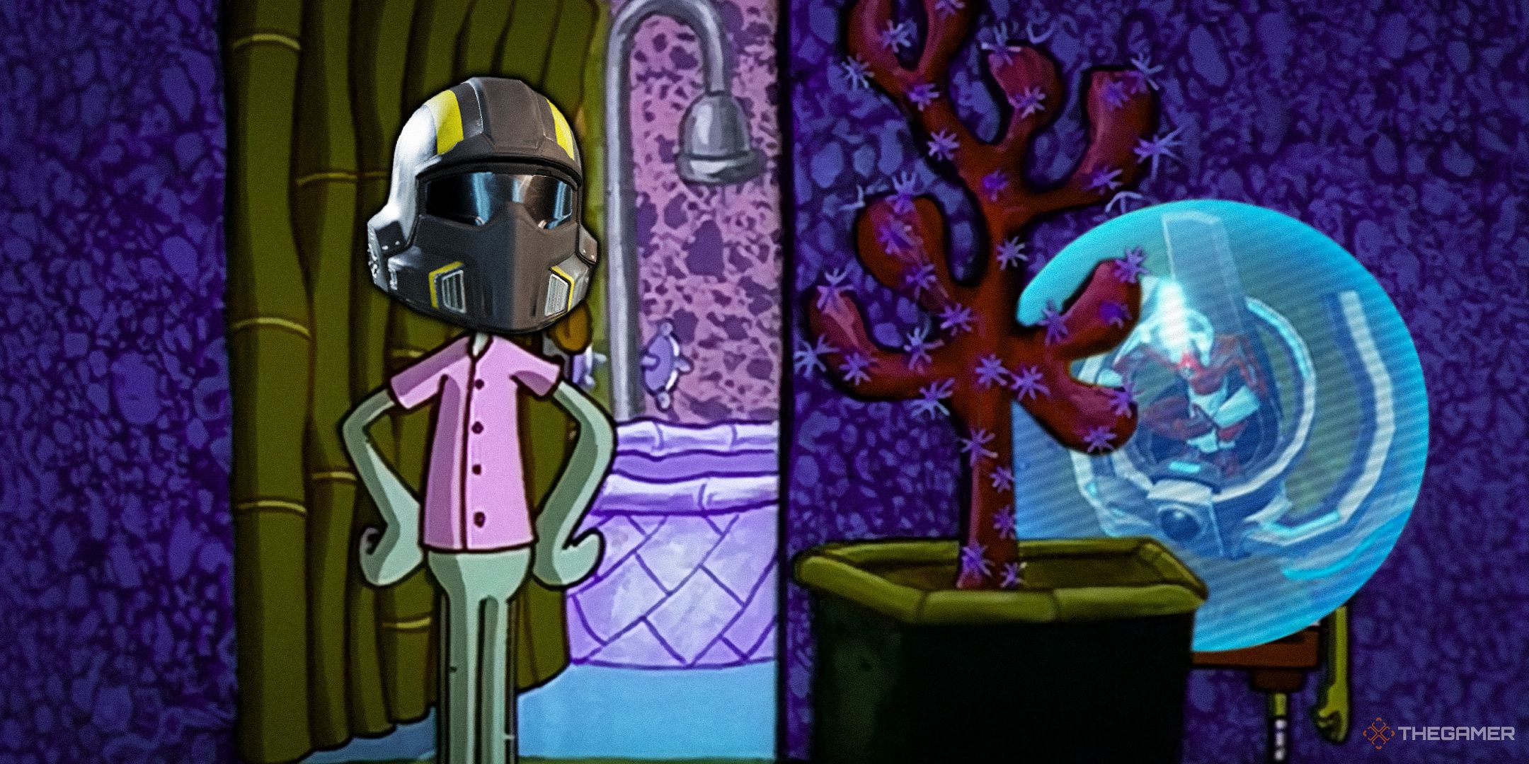 The Illuminate hiding from a Helldiver but it's Spongebob hiding from Squidward.