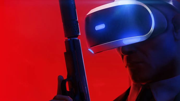 Agent 47 wearing a VR set. The background is red.