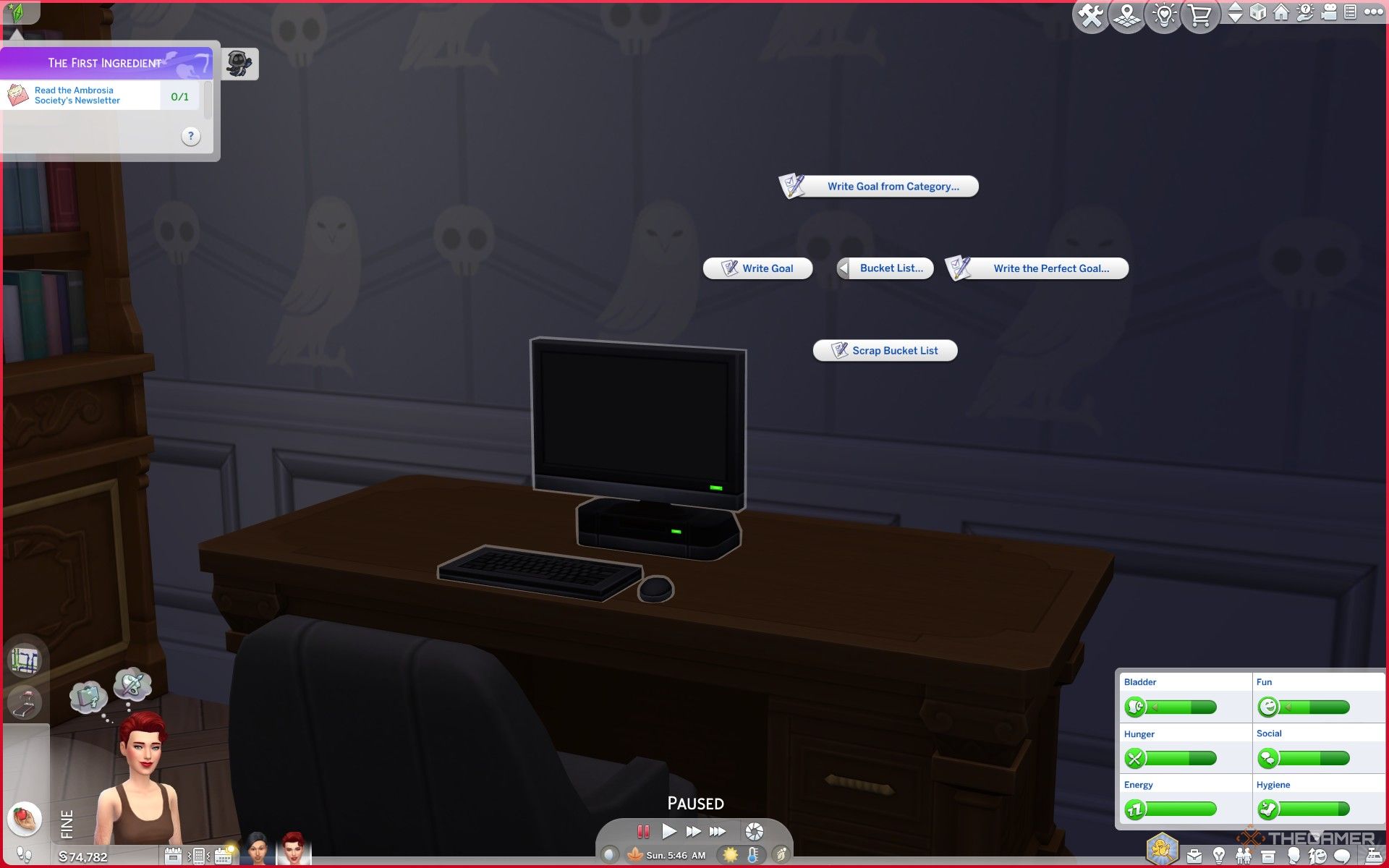 The bucket list menu on a computer in an office with ghost owl wallpaper in The Sims 4 Life and Death.