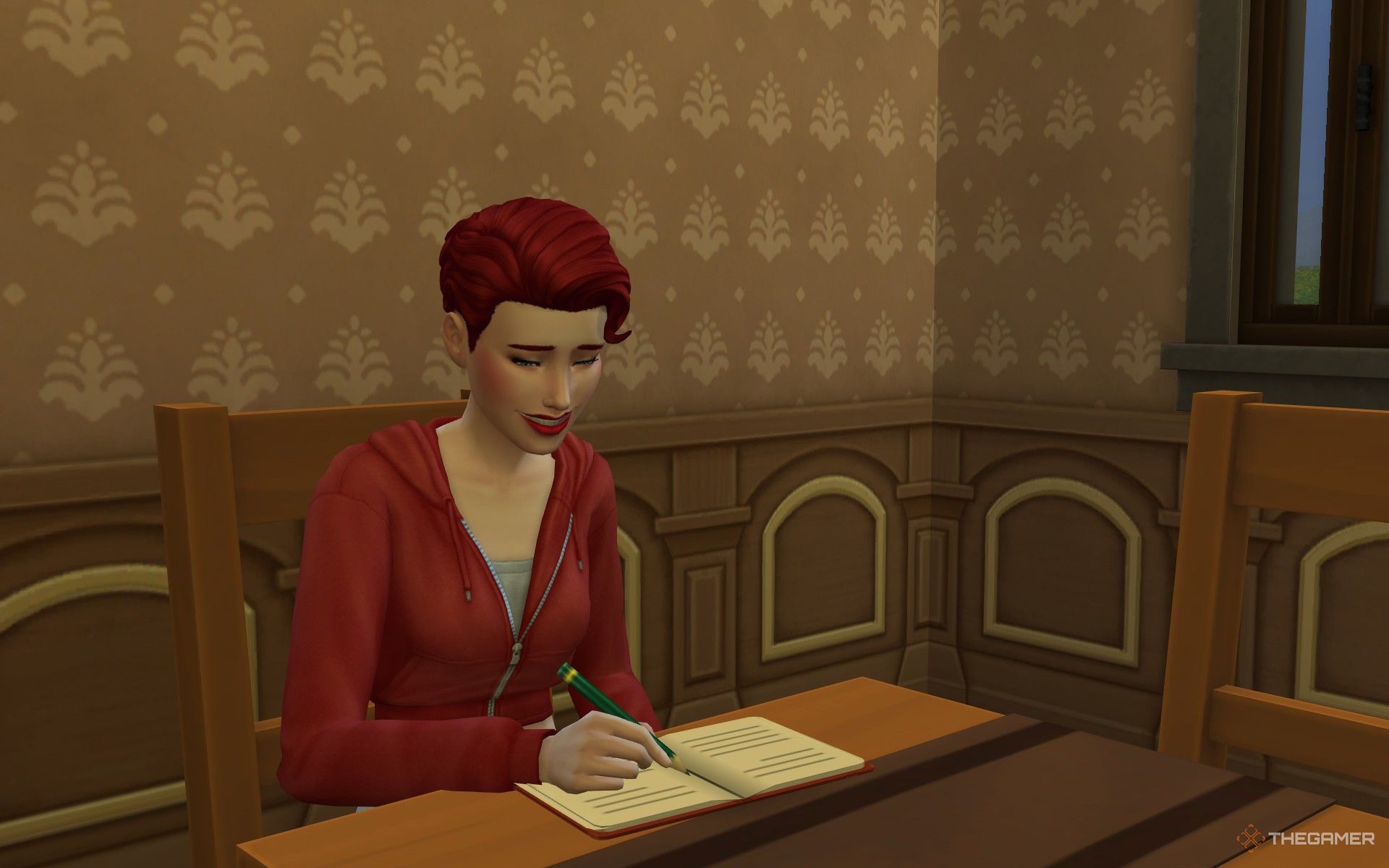 A Sim writing a bucket list at a table in The Sims 4 Life and Death.