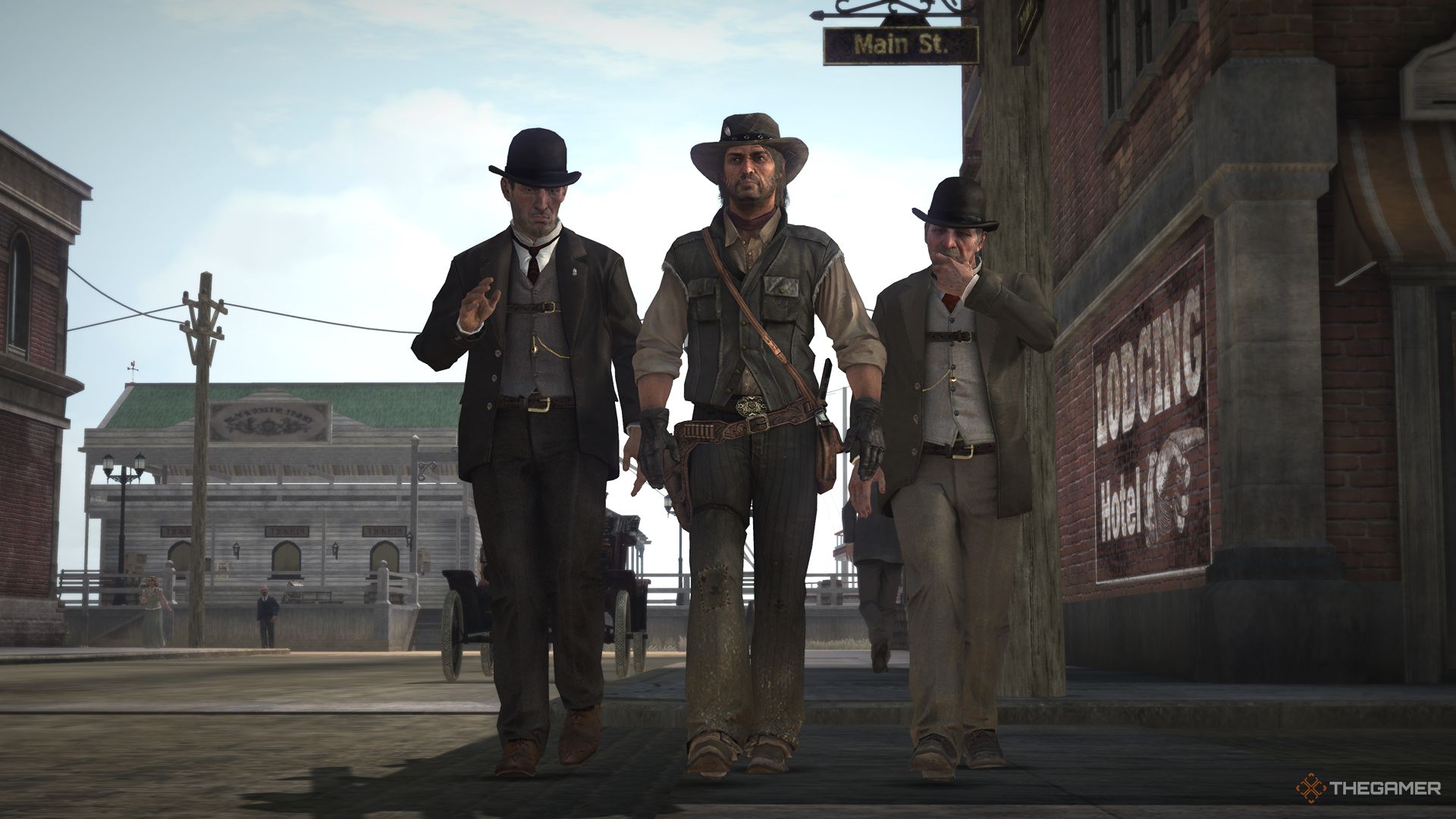 Red Dead Redemption screenshot of John Marston walking down the street with government agents.