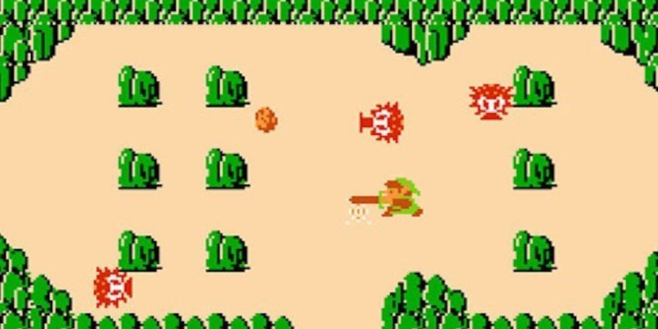 NES original Legend Of Zelda: Link slashes his sword at an Octorok.