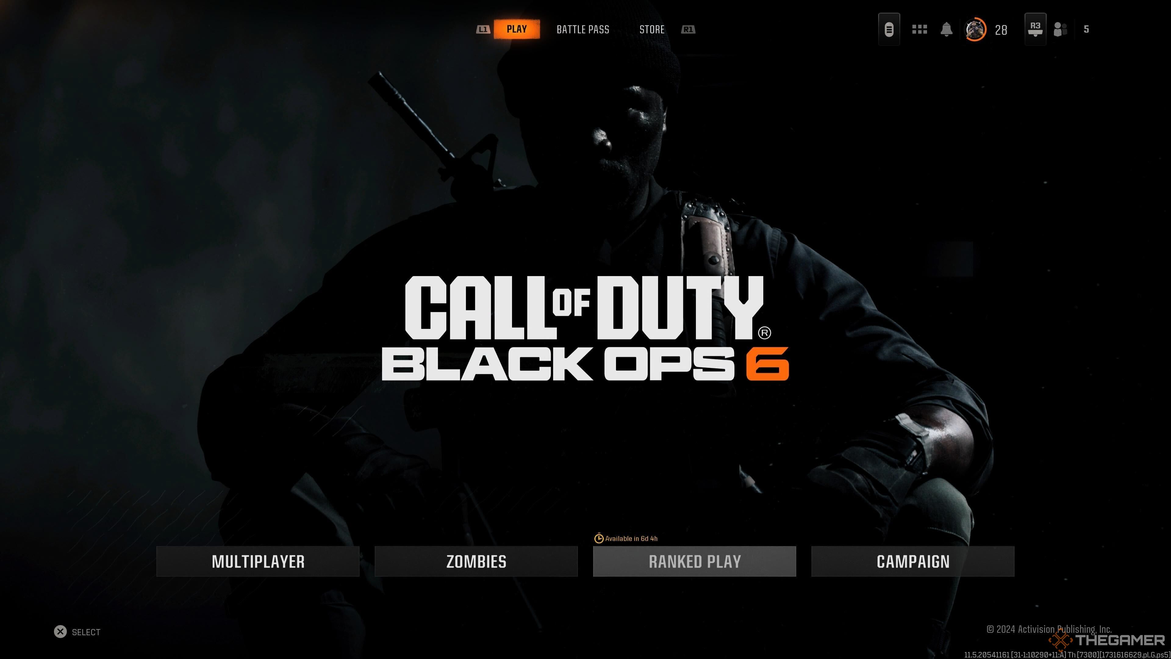 Ranked on the menu screen in Call of Duty: Black Ops 6.