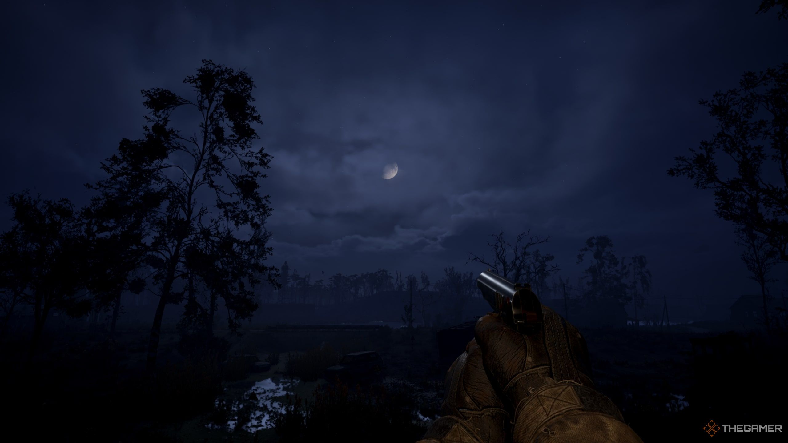 Skif looking at the moon with their flashlight on in Stalker 2: Heart of Chornobyl. 