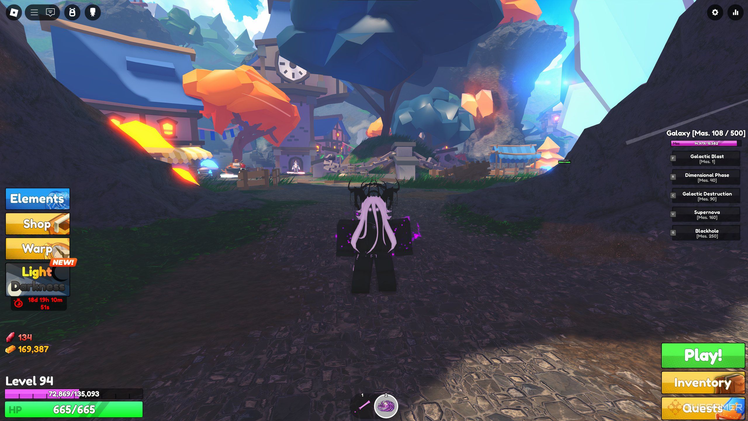 A player, standing in front of the town in Roblox: Elemental Dungeons.