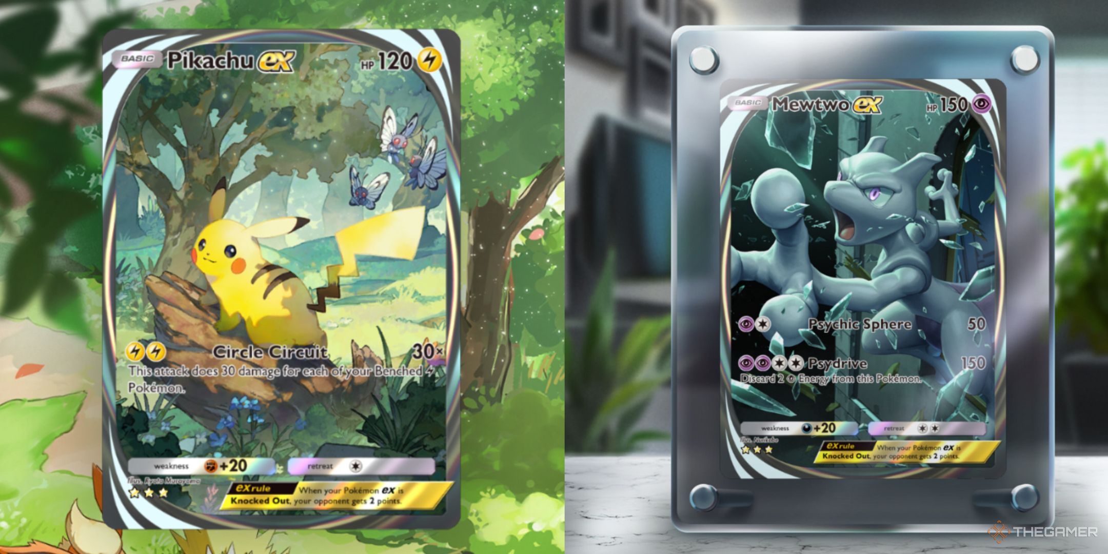 Display boards are shown with a pikachu and a mewtwo card in pokemon tcg pocket.