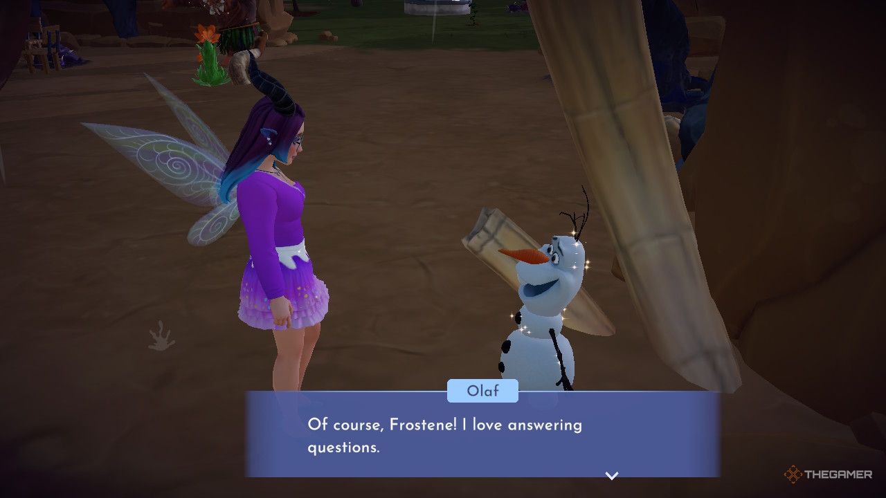 Disney Dreamlight Valley avatar talking to Olaf as part of The Holiday Poll quest. 