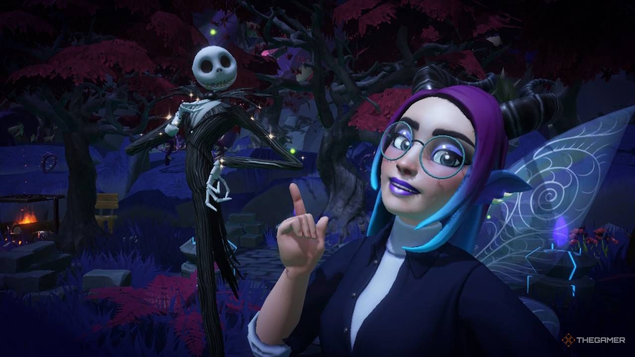 Disney Dreamlight Valley avatar taking a selfie with Jack Skellington. The Forgotten Lands is shown in the background.