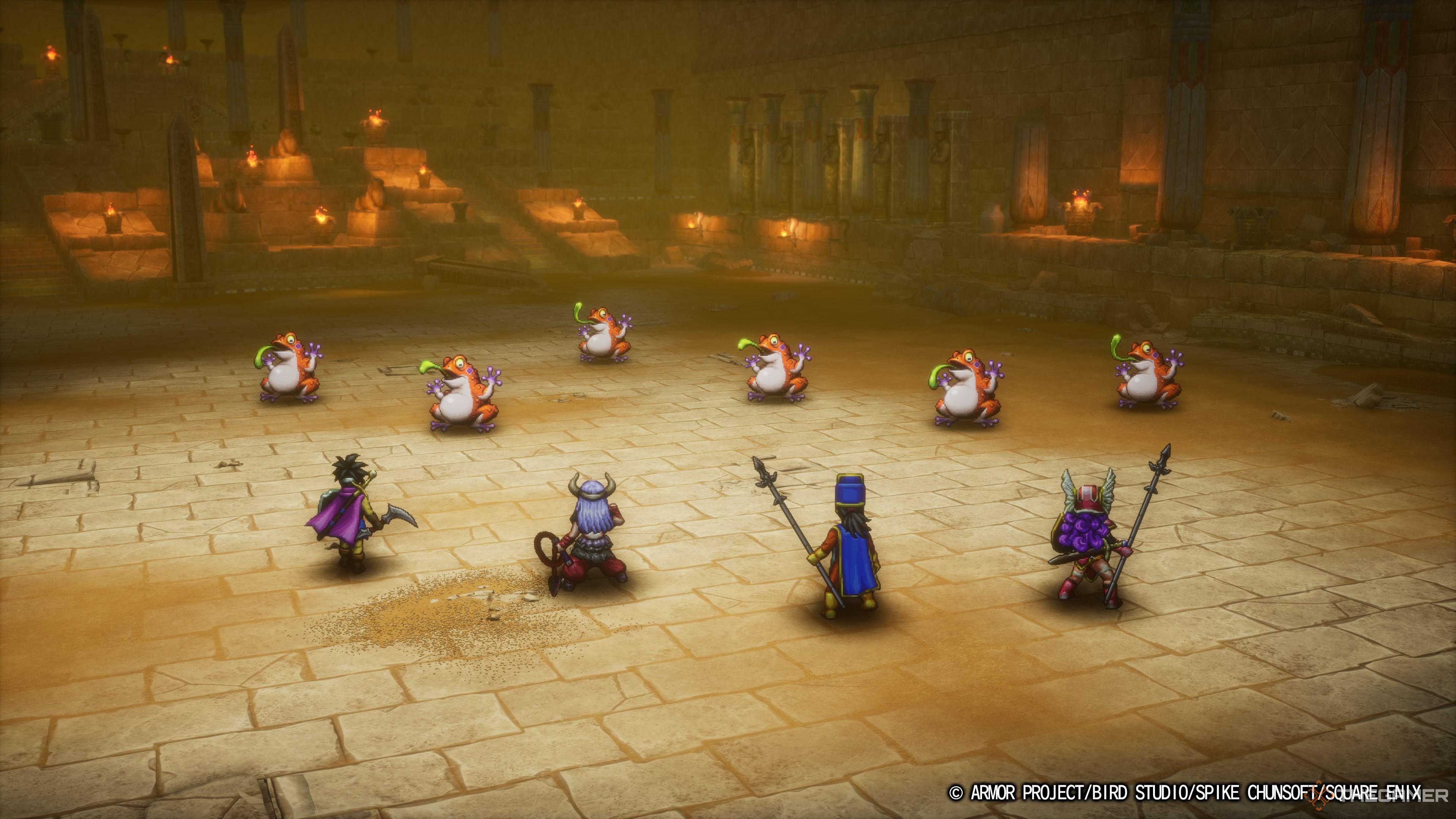 DRAGON QUEST III HD-2D Remake the party battling a group of overtoads inside the great pyramid dungeon.