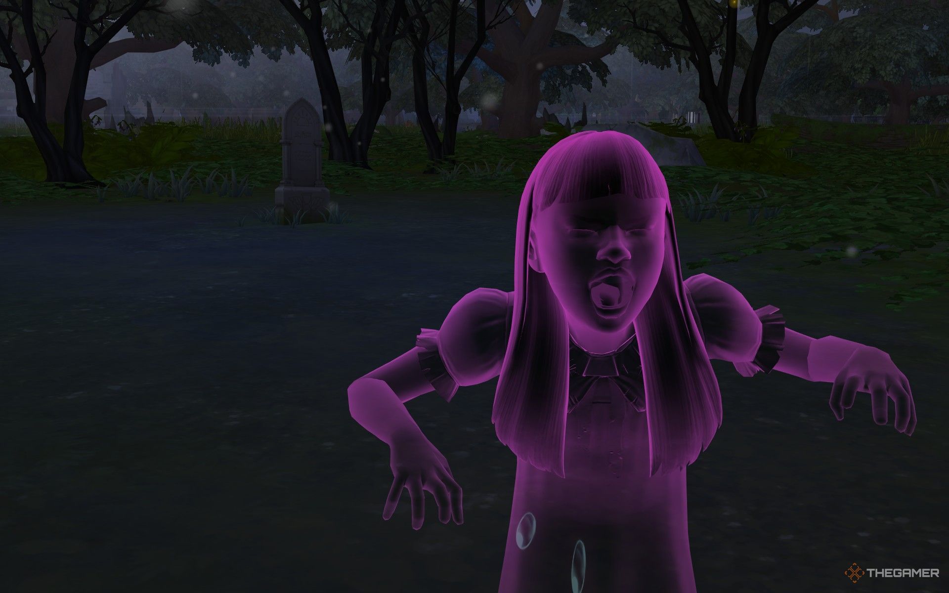 Edith screaming near her grave in The Sims 4 Life and Death.