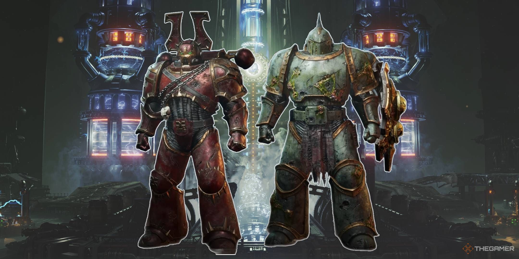 Death Guard and World Eaters Chaos Space Marines in front of a scene from Warhammer 40K_ Space Marine 2