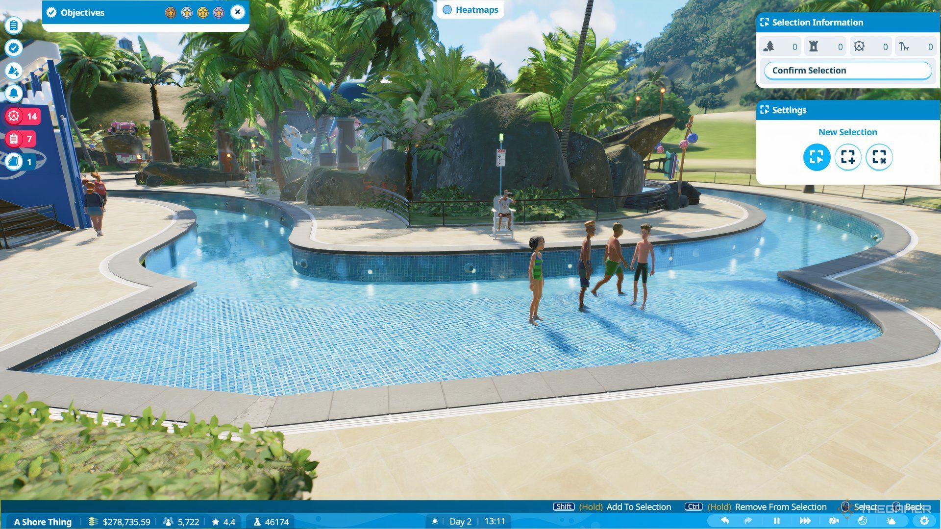 Guests standing in the lazy river in front of a lifeguard.