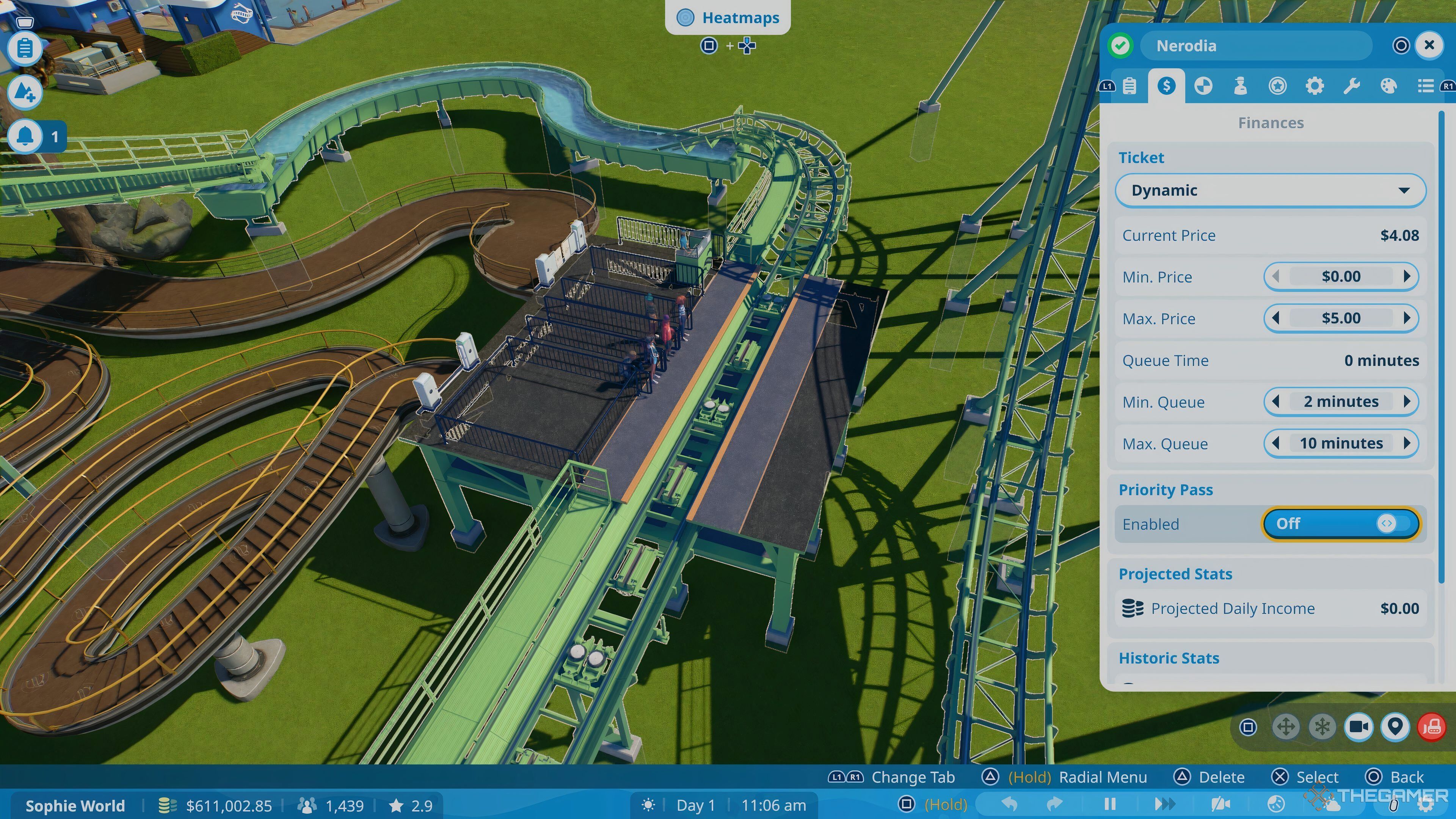 The finance tab in a ride menu to set a priority pass in Planet Coaster 2.