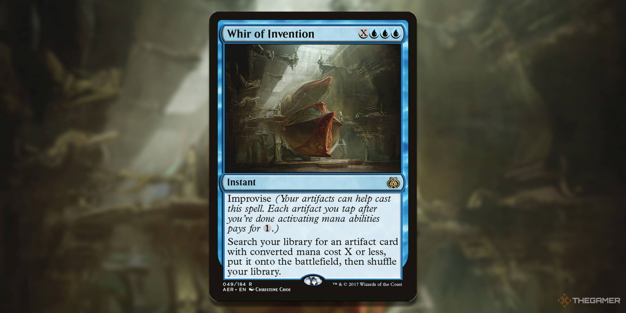 MTG Whir of Invention card with the art in the background.