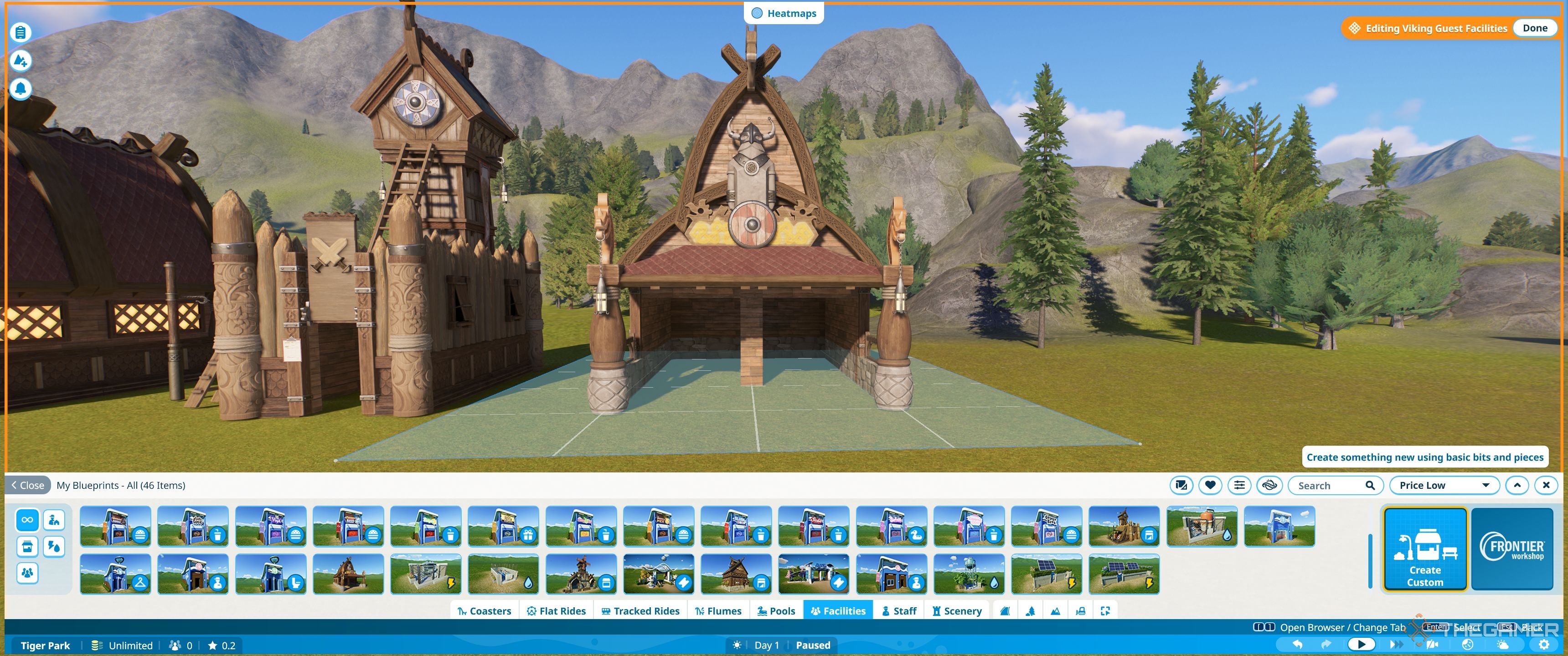 Planet Coaster 2 A row of two viking shop shells with blueprint selection visible.