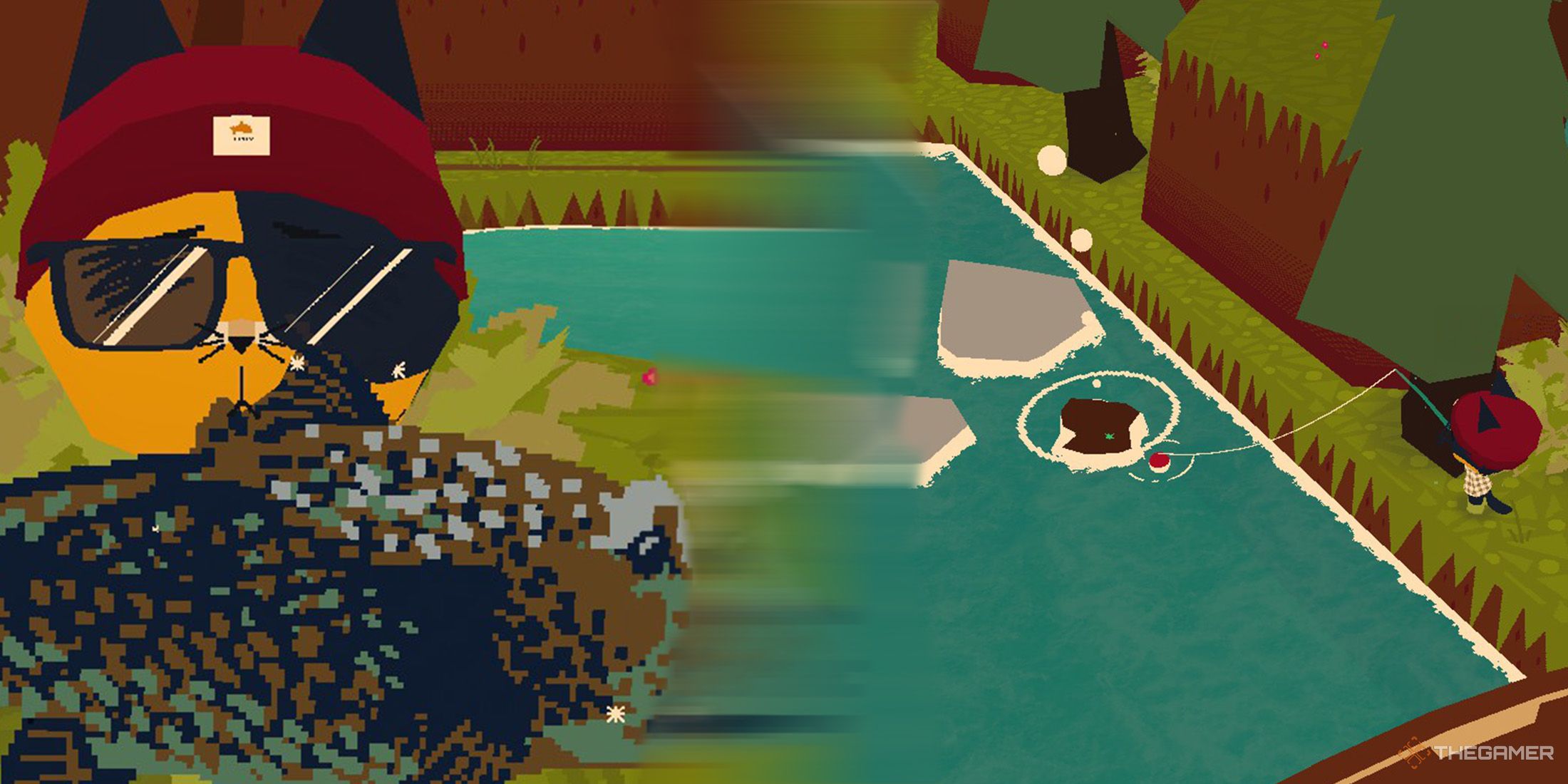 Player holds a UFO Fish on left side and player is fishing on a river that has meteor on it in Webfishing