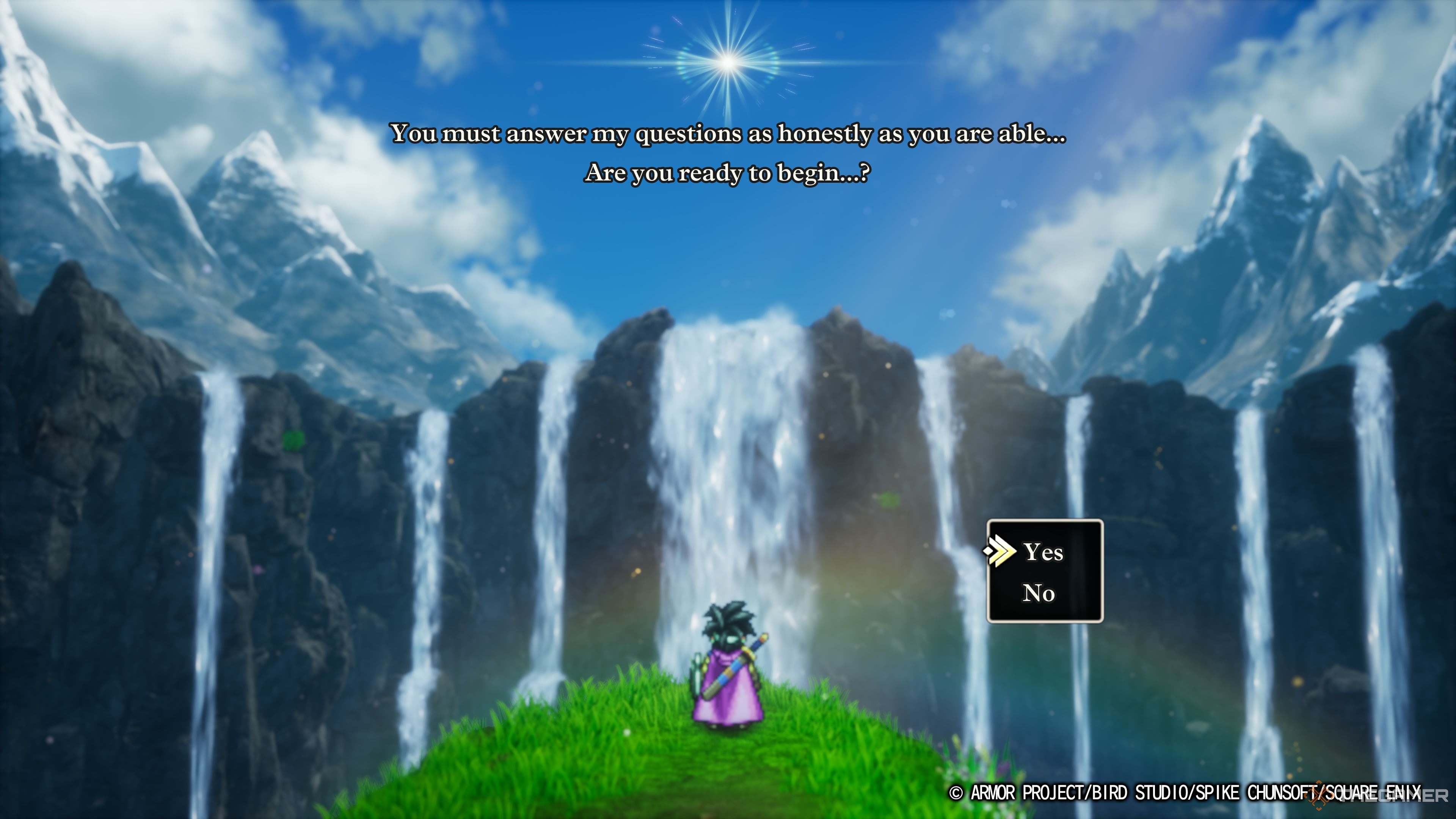 DRAGON QUEST III HD-2D Remake the hero being prompted to answer truthfully by a waterfall.