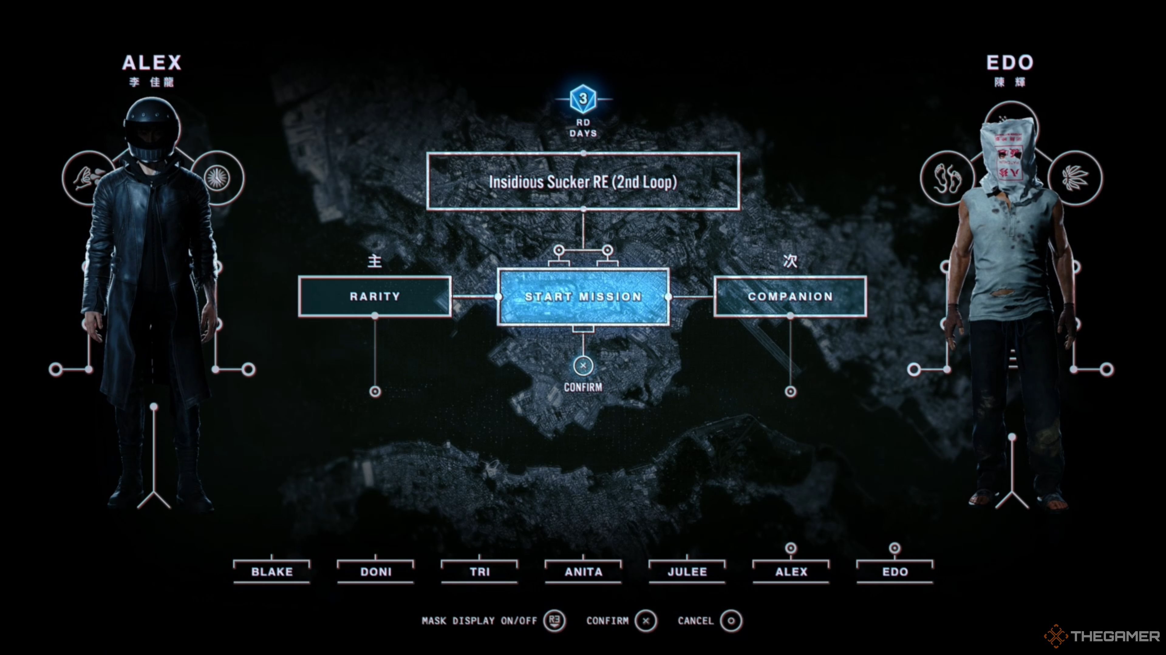 Selecting Alex and Edo for the Insidious Sucker RE (2nd Loop) mission in Slitterhead.