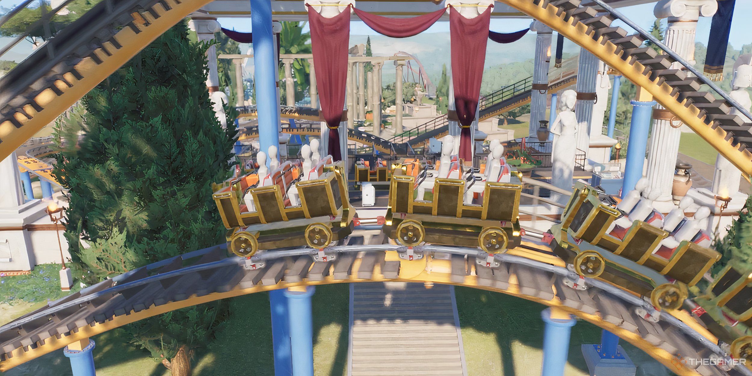 Test dummies sitting on a wooden coaster with a mythic theme.