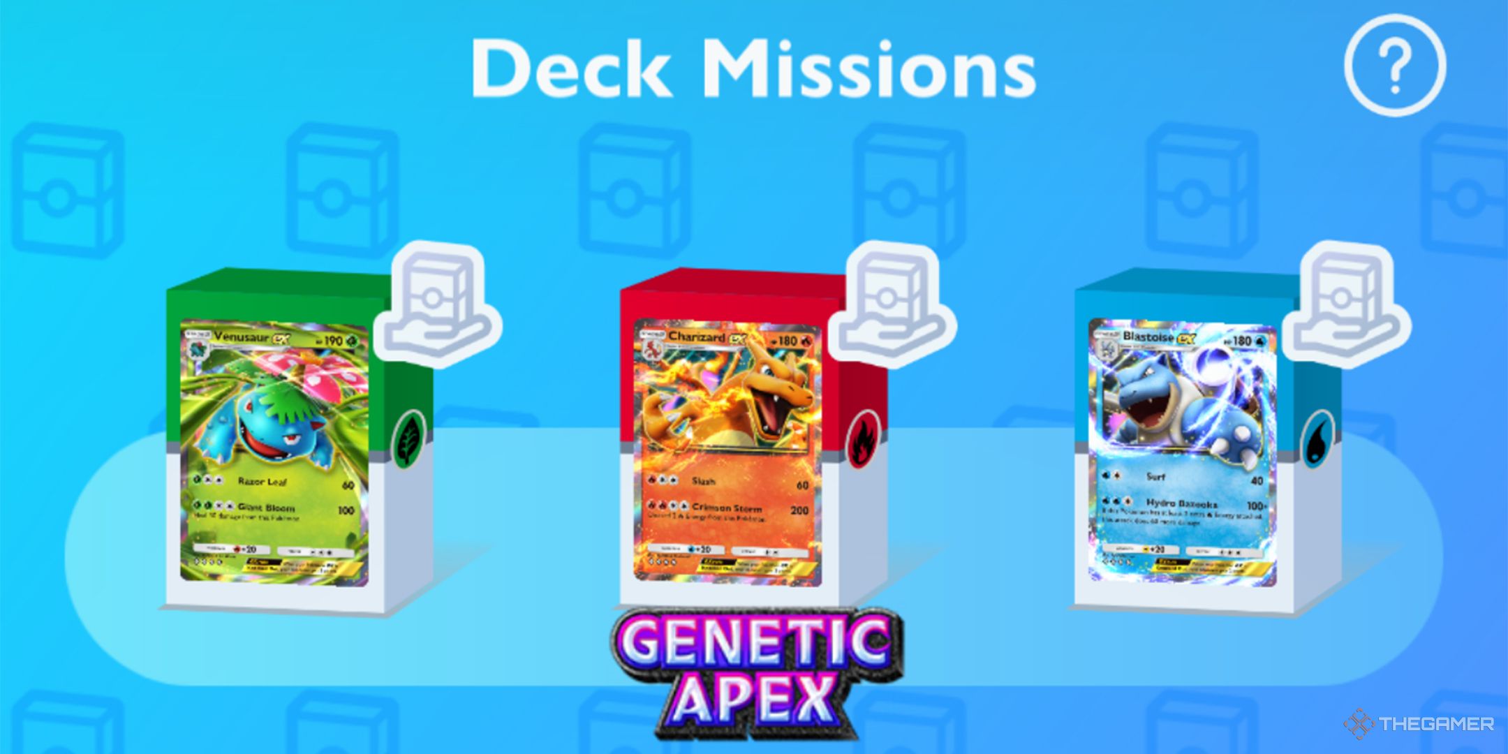 The Deck Missions menu, showing rental decks for Venusaur ex, Charizard ex, and Blastoise ex.