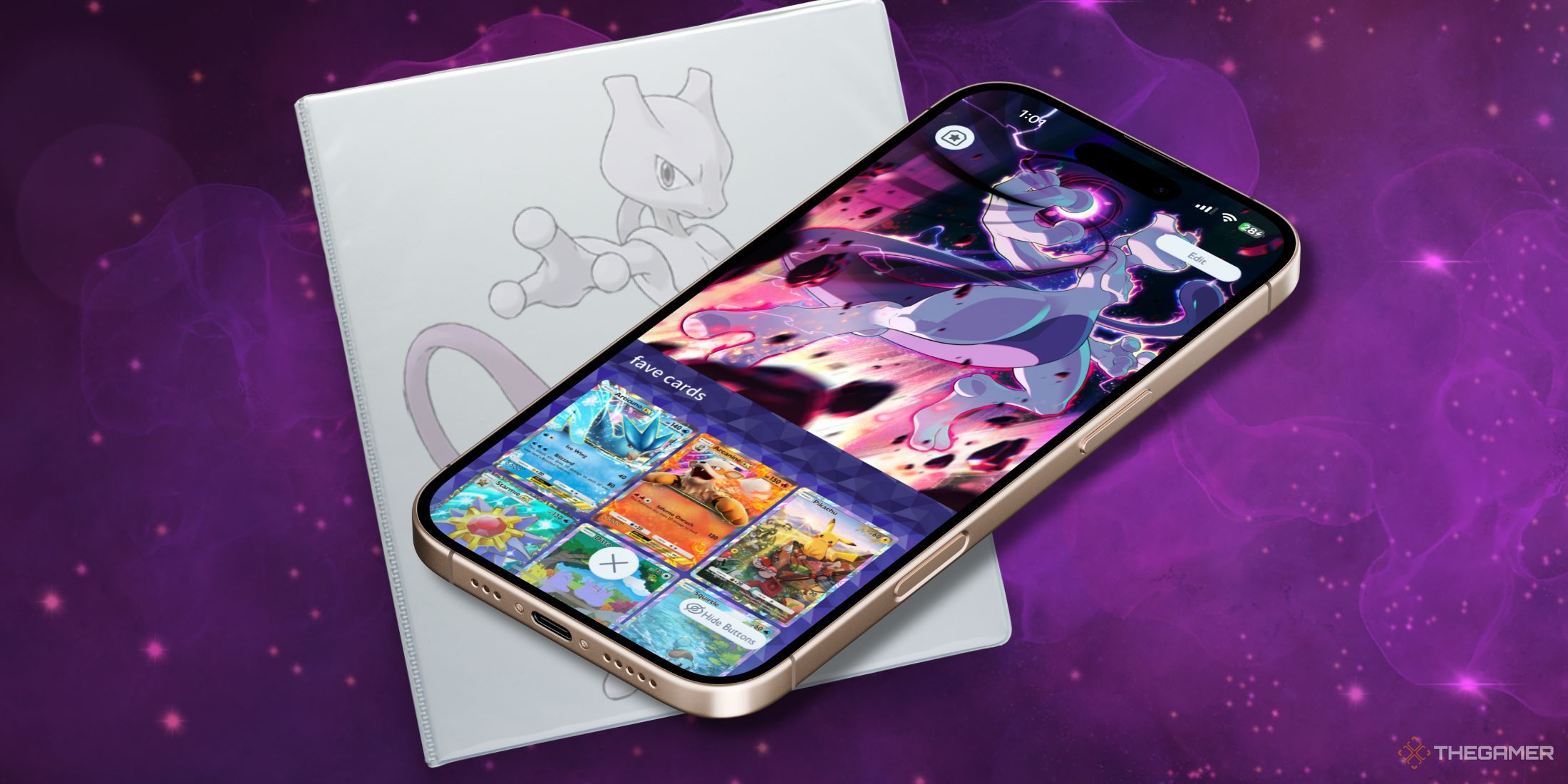 A photo of a phone showcasing a binder in Pokemon TCG Pocket with a physical binder behind it. The backgrounds is a pretty purple design.