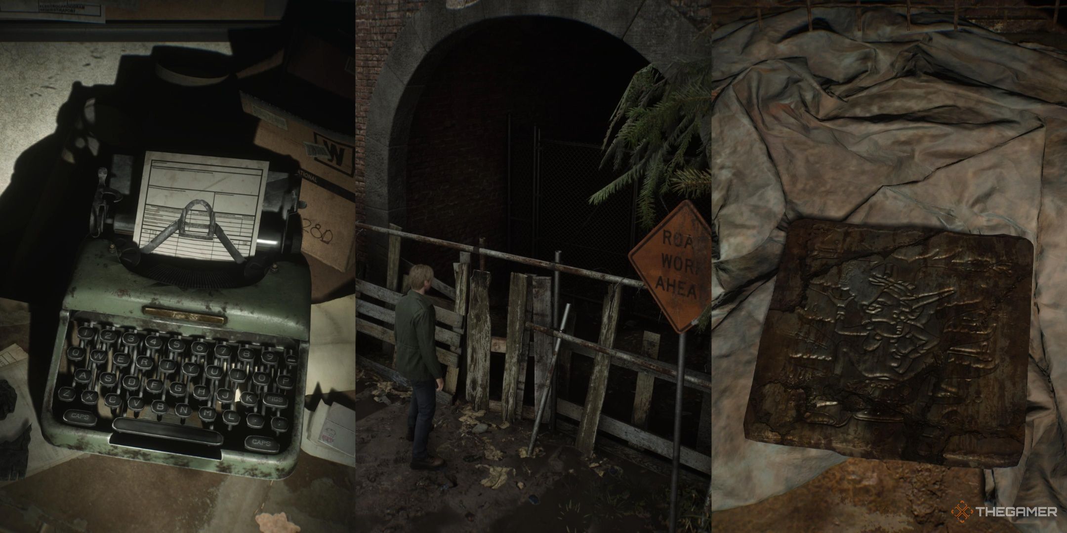 A Typewriter, a closed tunnel, and a metal slab in Silent Hill 2 Remake, left to right.