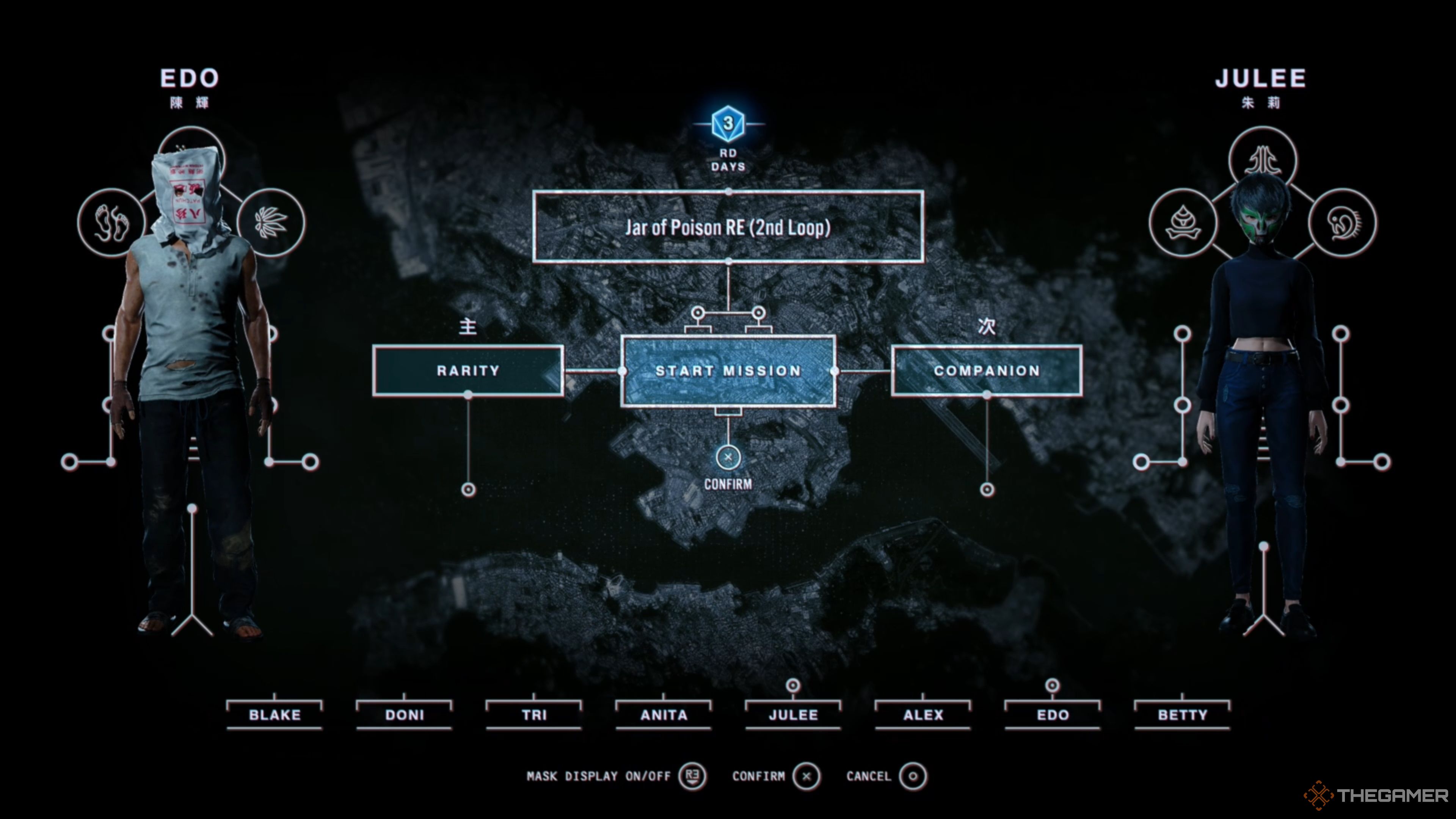 Selecting Edo and Julee for the Jar of Poison RE (2nd Loop) mission in Slitterhead.