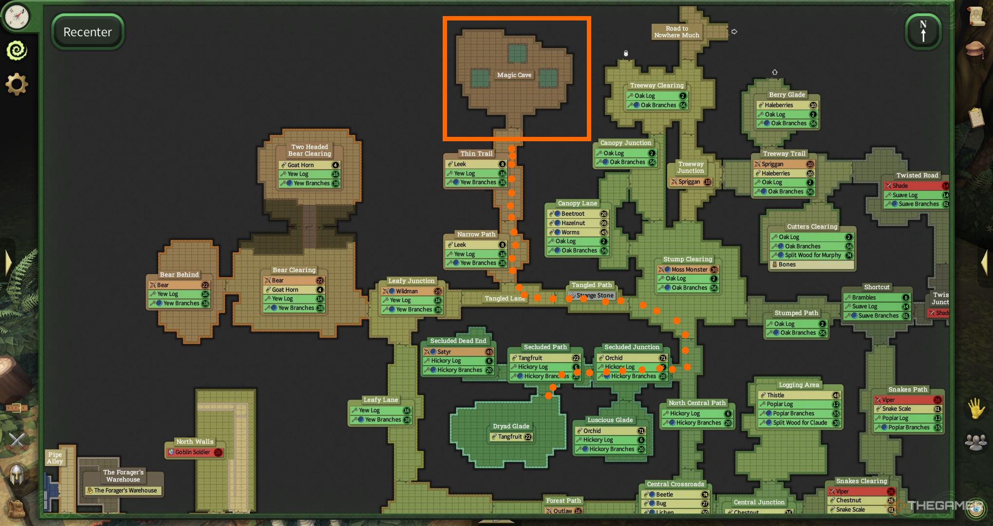 A map showing the path from the Dyrad Glade to the Magic Cave.