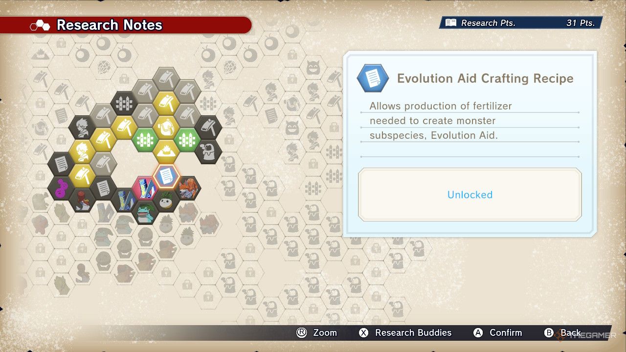 Evolution aid crafting recipe is shown in the research notes.