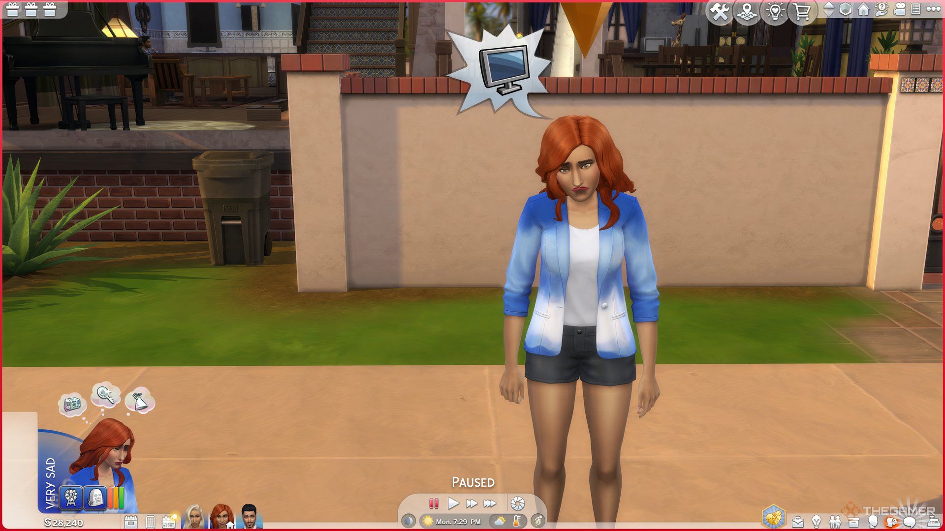 Gloomy Sim with red hair and wearing a blue shirt. The Sim is giving a sad expression.