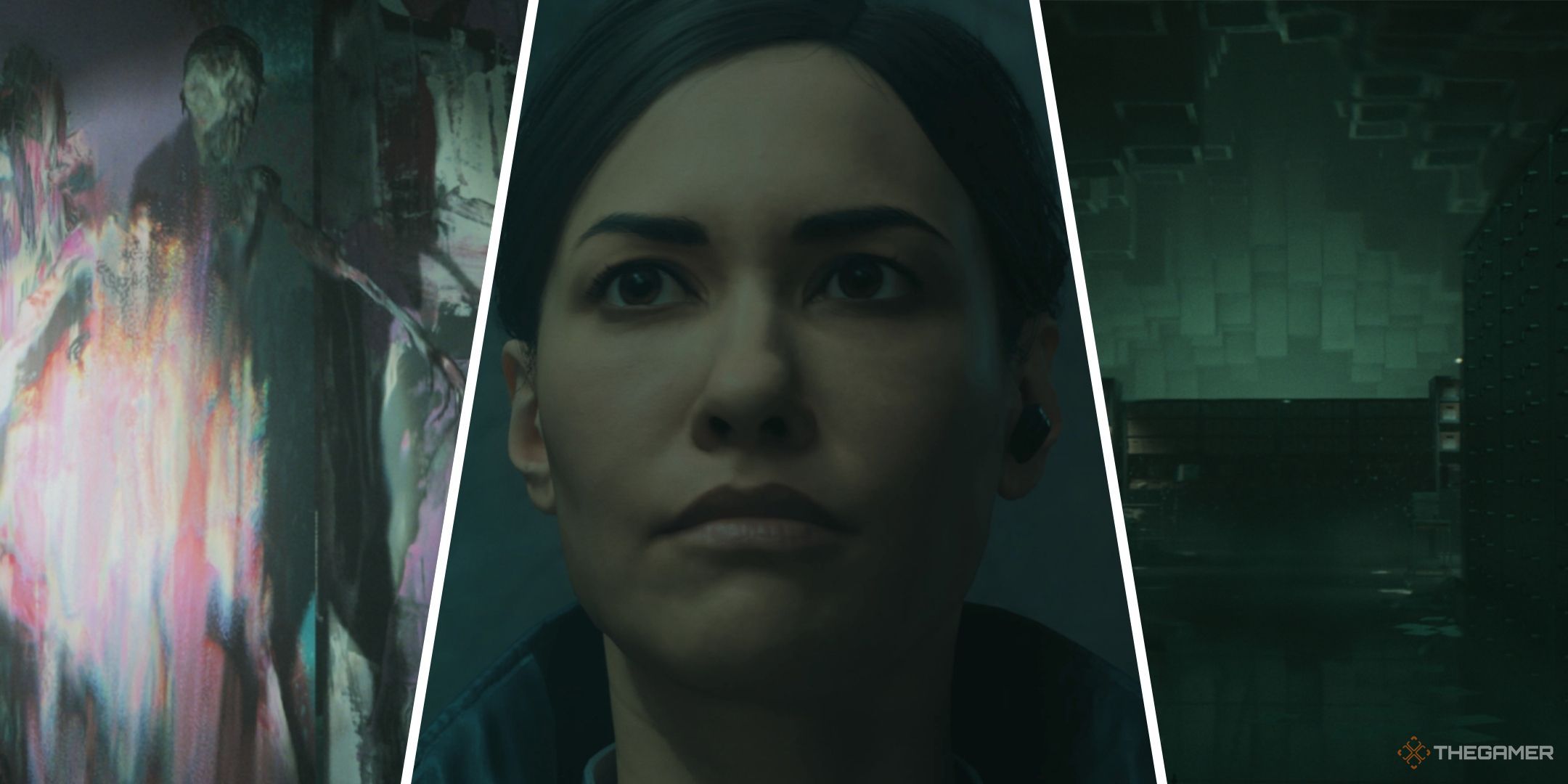 Alan Wake 2 Everything New In The Lake House DLC Feature Image With A Painted Enemy Emerging From A Paint-Splattered Canvas, A close-up of Janina Gavankar's Kiran Estevez, and the Archives room of the Lake House.