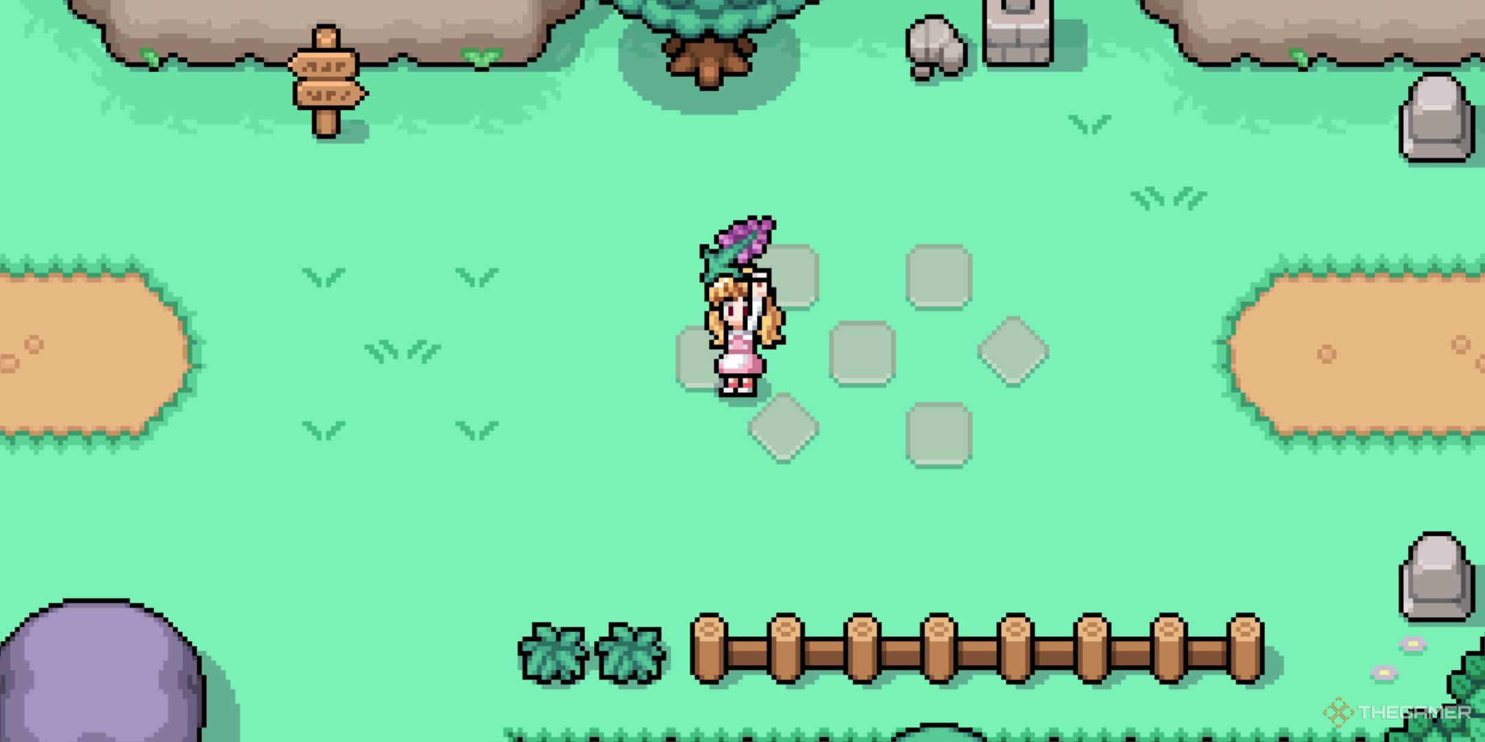 The player is holding some Lilac in Fields Of Mistria