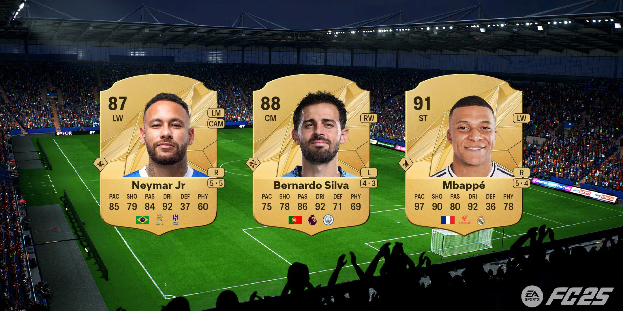 Neymar Jr's, Bernardo Silva's, and Mbappe's cards in EA Sports FC 25.