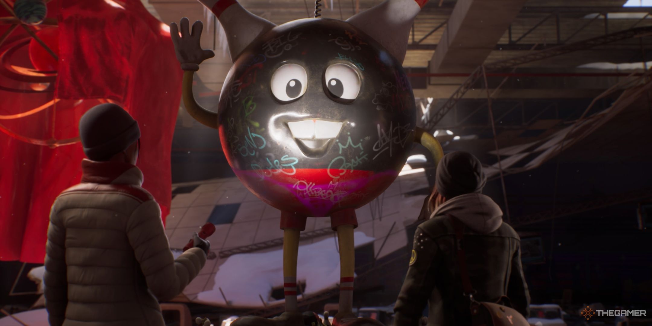 Safi and Max stand in front of a statue of the bowling alley mascot in Life is Strange Double Exposure