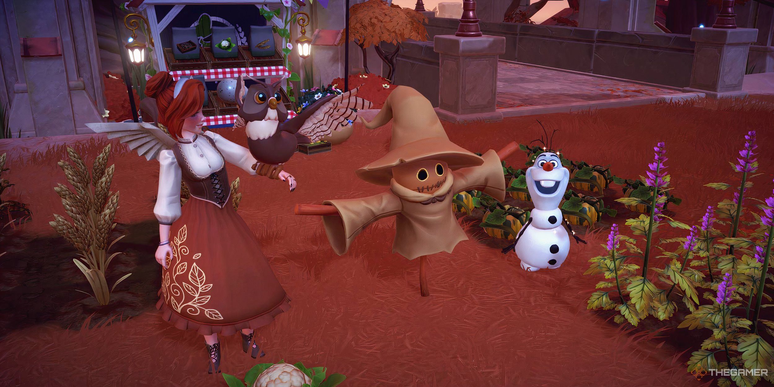 Olaf, the avatar, and a brown owl around the autumn mage scarecrow.