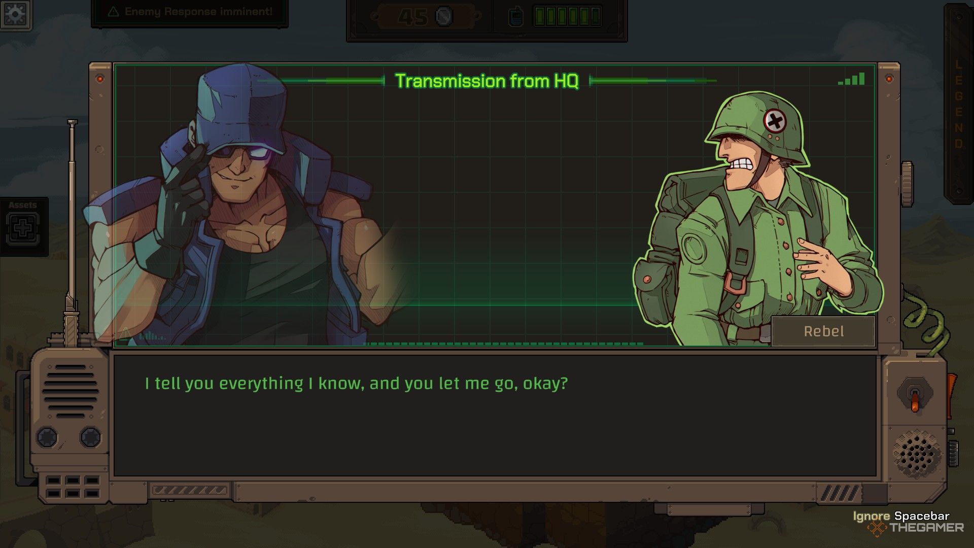 A dialogue between Clark and an enemy soldier, with the soldier promising to tell everything to Clark.