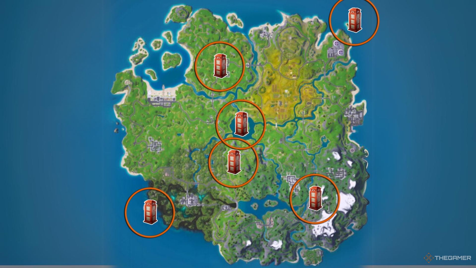 A screenshot of phone booths marked on a Fortnite: Chapter 2 Remix Map.