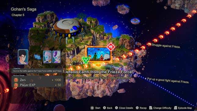 Gohan’s Episode Battle map with his Defend Earth from the Frieza Force! mission highlighted.